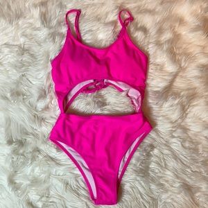 Pink trikini hot pink one piece bikini tie back Swimsuit high waisted padded bra